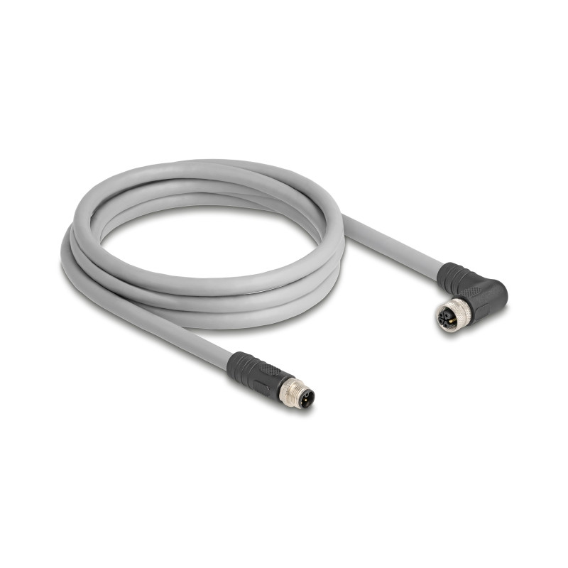 Delock M12 Kabel L-kodiert 5 Pin Stecker gerade zu Buchse rechts gewinkelt PUR schleppkettentauglich 2 m grau