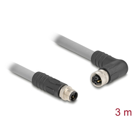 Delock M12 Kabel L-kodiert 5 Pin Stecker gerade zu Buchse rechts gewinkelt PUR schleppkettentauglich 3 m grau