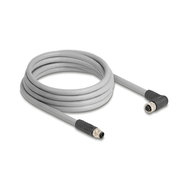 Delock M12 Kabel L-kodiert 5 Pin Stecker gerade zu Buchse rechts gewinkelt PUR schleppkettentauglich 3 m grau