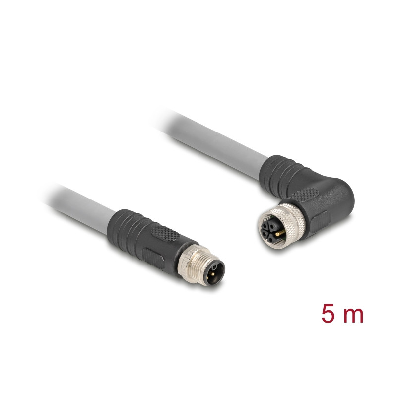 Delock M12 Kabel L-kodiert 5 Pin Stecker gerade zu Buchse rechts gewinkelt PUR schleppkettentauglich 5 m grau