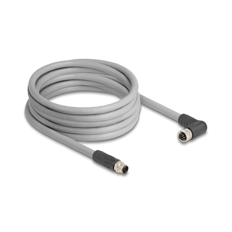Delock M12 Kabel L-kodiert 5 Pin Stecker gerade zu Buchse rechts gewinkelt PUR schleppkettentauglich 5 m grau