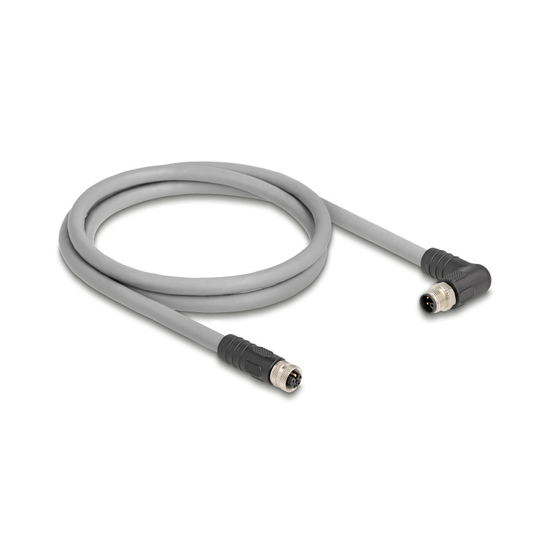Delock M12 Kabel L-kodiert 5 Pin Stecker rechts gewinkelt zu Buchse gerade PUR schleppkettentauglich 1 m grau
