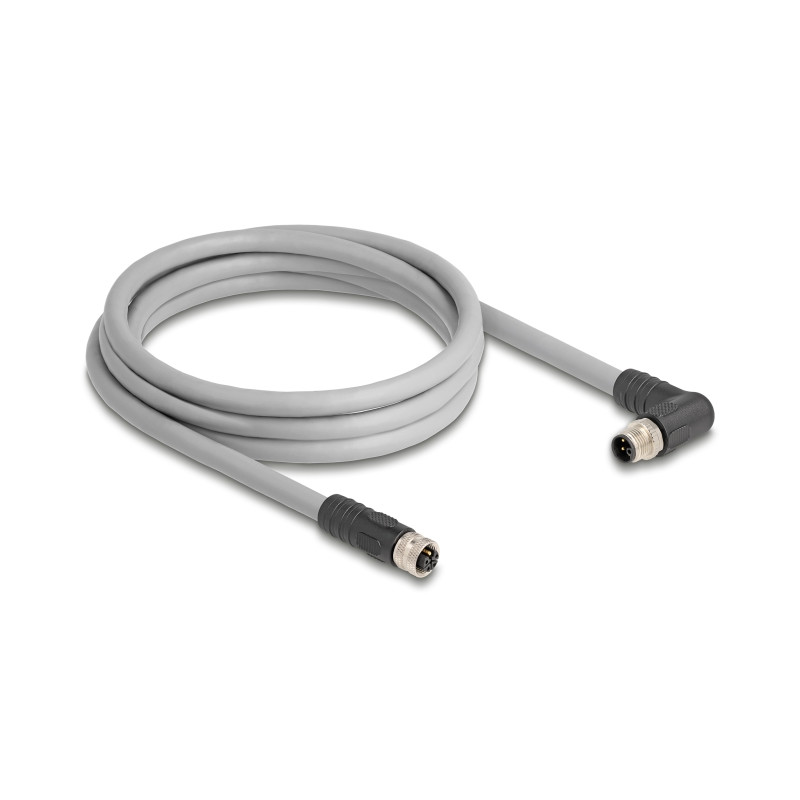Delock M12 Kabel L-kodiert 5 Pin Stecker rechts gewinkelt zu Buchse gerade PUR schleppkettentauglich 2 m grau