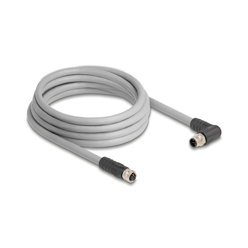 Delock M12 Kabel L-kodiert 5 Pin Stecker rechts gewinkelt zu Buchse gerade PUR schleppkettentauglich 3 m grau