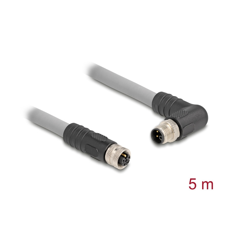 Delock M12 Kabel L-kodiert 5 Pin Stecker rechts gewinkelt zu Buchse gerade PUR schleppkettentauglich 5 m grau