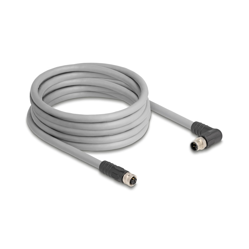 Delock M12 Kabel L-kodiert 5 Pin Stecker rechts gewinkelt zu Buchse gerade PUR schleppkettentauglich 5 m grau