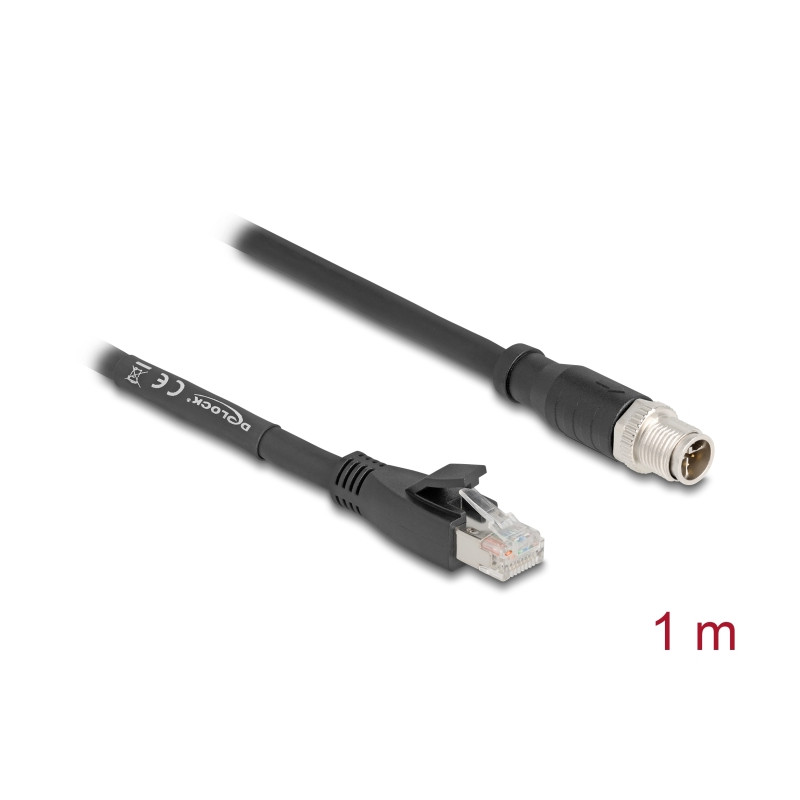 Delock M12 Kabel X-kodiert 8 Pin Stecker zu RJ45 Stecker Cat.5e S/FTP flexibel 1 m schwarz