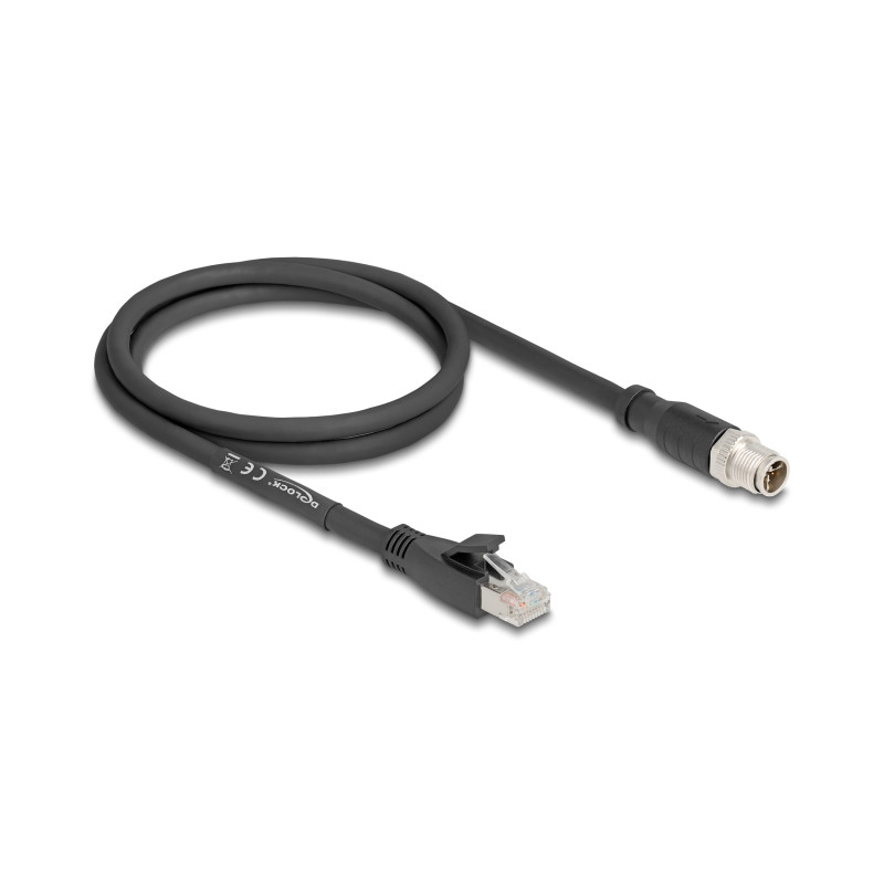 Delock M12 Kabel X-kodiert 8 Pin Stecker zu RJ45 Stecker Cat.5e S/FTP flexibel 1 m schwarz