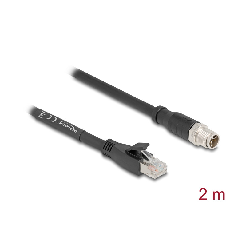 Delock M12 Kabel X-kodiert 8 Pin Stecker zu RJ45 Stecker Cat.5e S/FTP flexibel 2 m schwarz