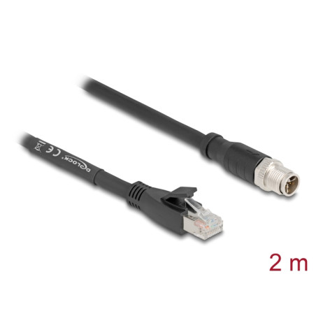Delock M12 Kabel X-kodiert 8 Pin Stecker zu RJ45 Stecker Cat.5e S/FTP flexibel 2 m schwarz