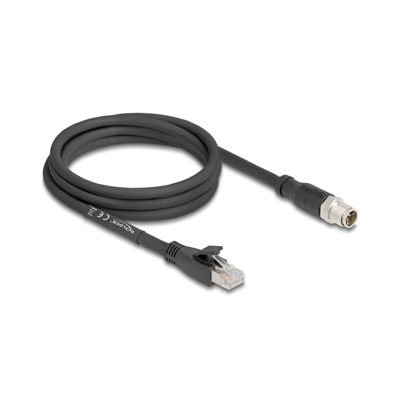 Delock M12 Kabel X-kodiert 8 Pin Stecker zu RJ45 Stecker Cat.5e S/FTP flexibel 2 m schwarz
