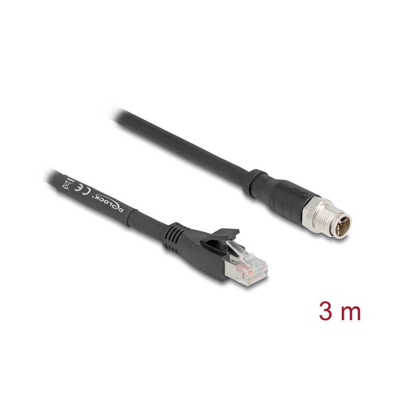 Delock M12 Kabel X-kodiert 8 Pin Stecker zu RJ45 Stecker Cat.5e S/FTP flexibel 3 m schwarz