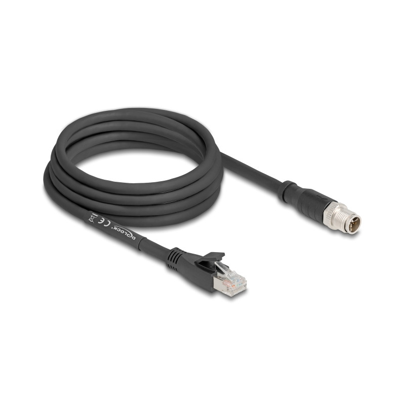 Delock M12 Kabel X-kodiert 8 Pin Stecker zu RJ45 Stecker Cat.5e S/FTP flexibel 3 m schwarz