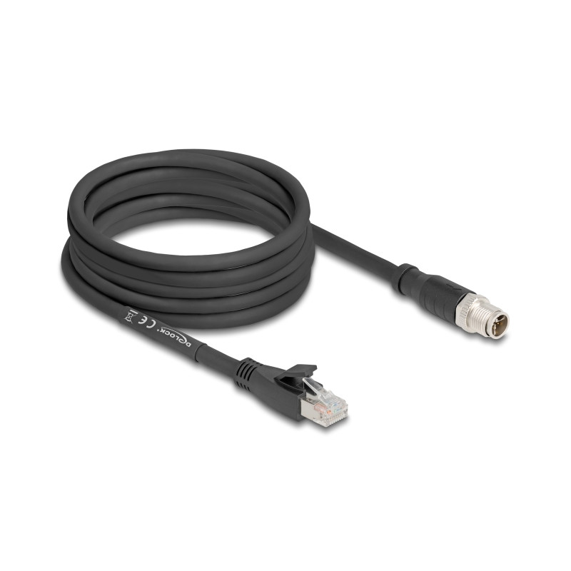 Delock M12 Kabel X-kodiert 8 Pin Stecker zu RJ45 Stecker Cat.5e S/FTP flexibel 5 m schwarz