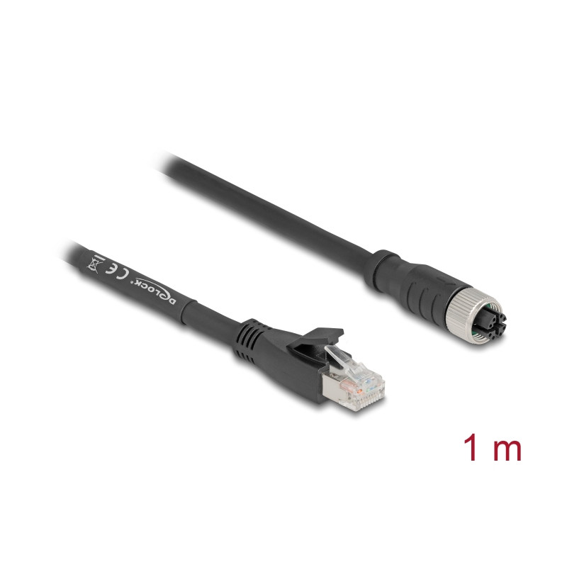 Delock M12 Kabel X-kodiert 8 Pin Buchse zu RJ45 Stecker Cat.5e S/FTP flexibel 1 m schwarz