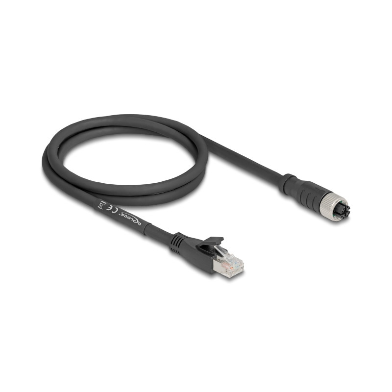 Delock M12 Kabel X-kodiert 8 Pin Buchse zu RJ45 Stecker Cat.5e S/FTP flexibel 1 m schwarz