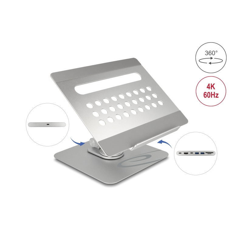 Delock Tablet und Notebook Ständer mit eingebauter Dockingstation 4K - HDMI / Kartenleser / Hub / PD 3.0 90 W - 360° drehbar