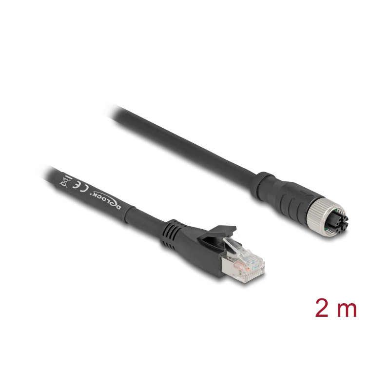 Delock M12 Kabel X-kodiert 8 Pin Buchse zu RJ45 Stecker Cat.5e S/FTP flexibel 2 m schwarz