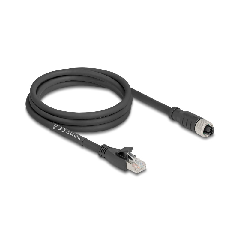 Delock M12 Kabel X-kodiert 8 Pin Buchse zu RJ45 Stecker Cat.5e S/FTP flexibel 2 m schwarz