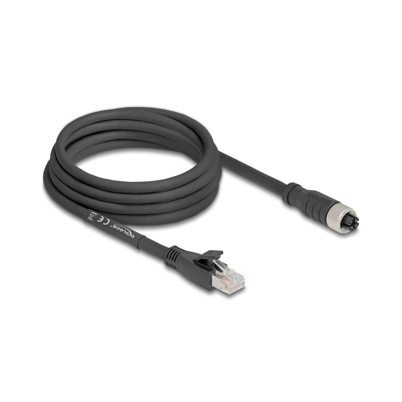 Delock M12 Kabel X-kodiert 8 Pin Buchse zu RJ45 Stecker Cat.5e S/FTP flexibel 3 m schwarz