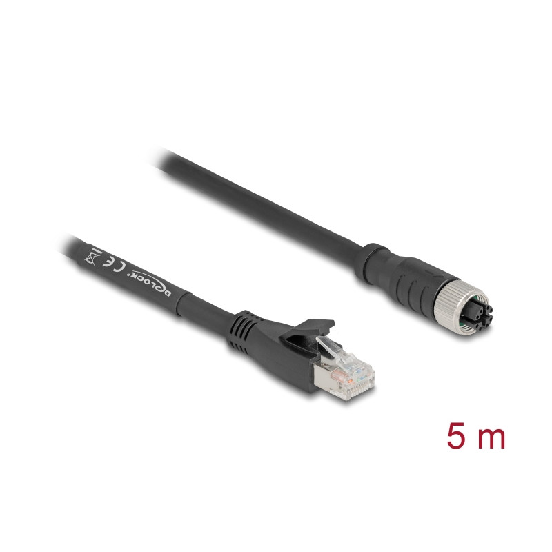Delock M12 Kabel X-kodiert 8 Pin Buchse zu RJ45 Stecker Cat.5e S/FTP flexibel 5 m schwarz