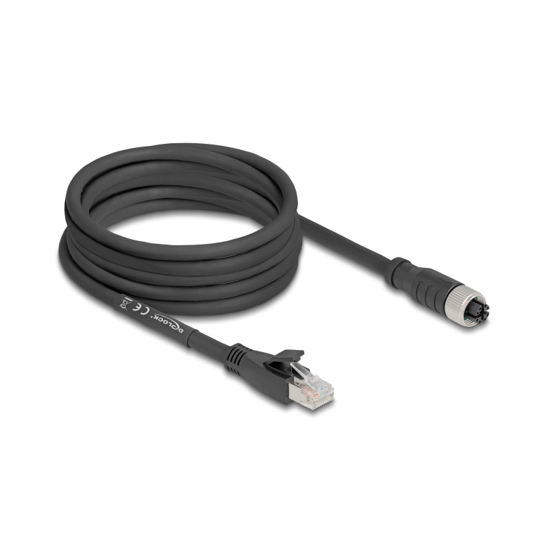 Delock M12 Kabel X-kodiert 8 Pin Buchse zu RJ45 Stecker Cat.5e S/FTP flexibel 5 m schwarz