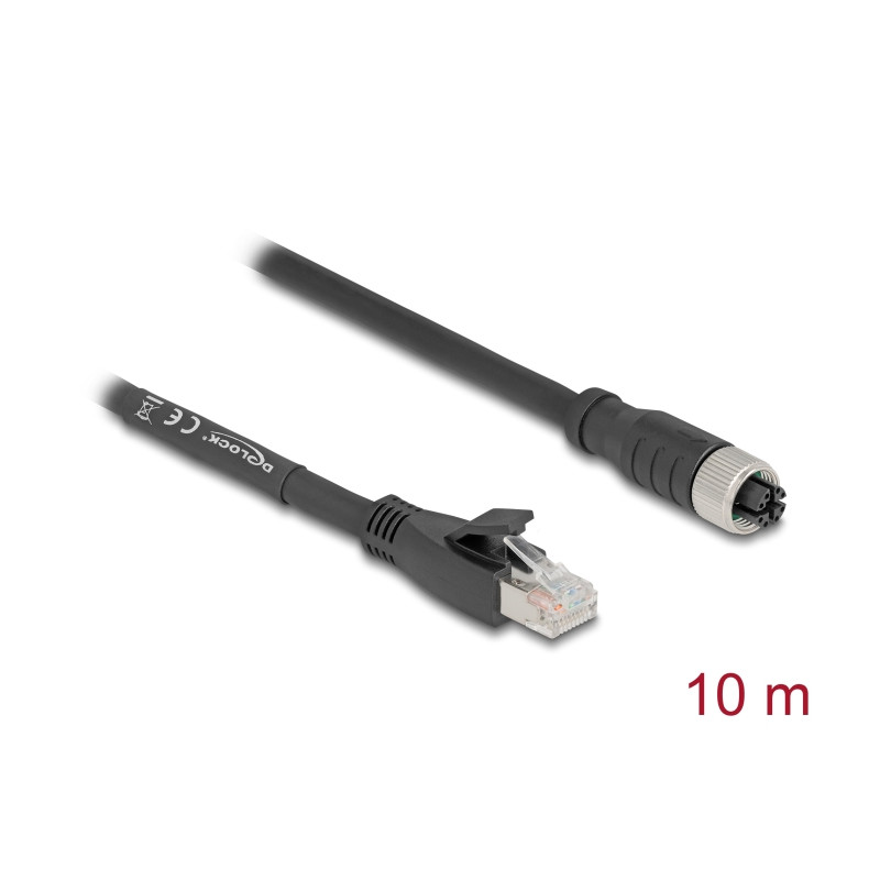 Delock M12 Kabel X-kodiert 8 Pin Buchse zu RJ45 Stecker Cat.5e S/FTP flexibel 10 m schwarz