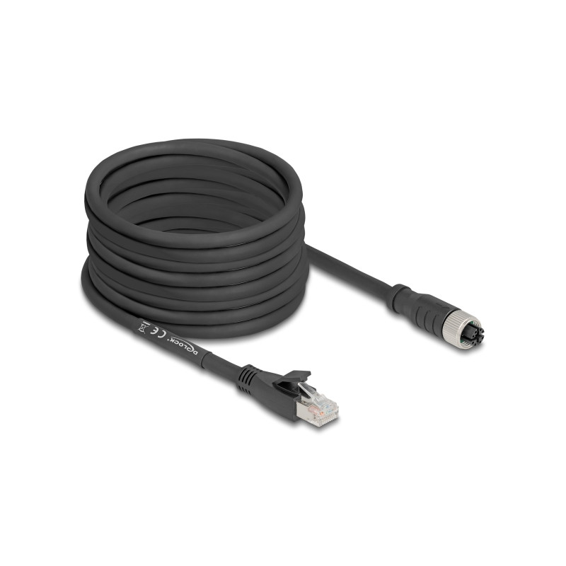 Delock M12 Kabel X-kodiert 8 Pin Buchse zu RJ45 Stecker Cat.5e S/FTP flexibel 10 m schwarz