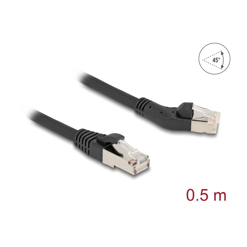 Delock RJ45 Netzwerkkabel Cat.6A S/FTP Stecker 45° nach links gewinkelt zu Stecker gerade 0,5 m schwarz