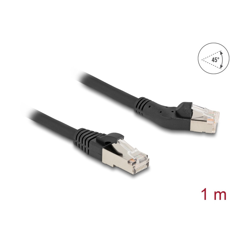 Delock RJ45 Netzwerkkabel Cat.6A S/FTP Stecker 45° nach links gewinkelt zu Stecker gerade 1 m schwarz