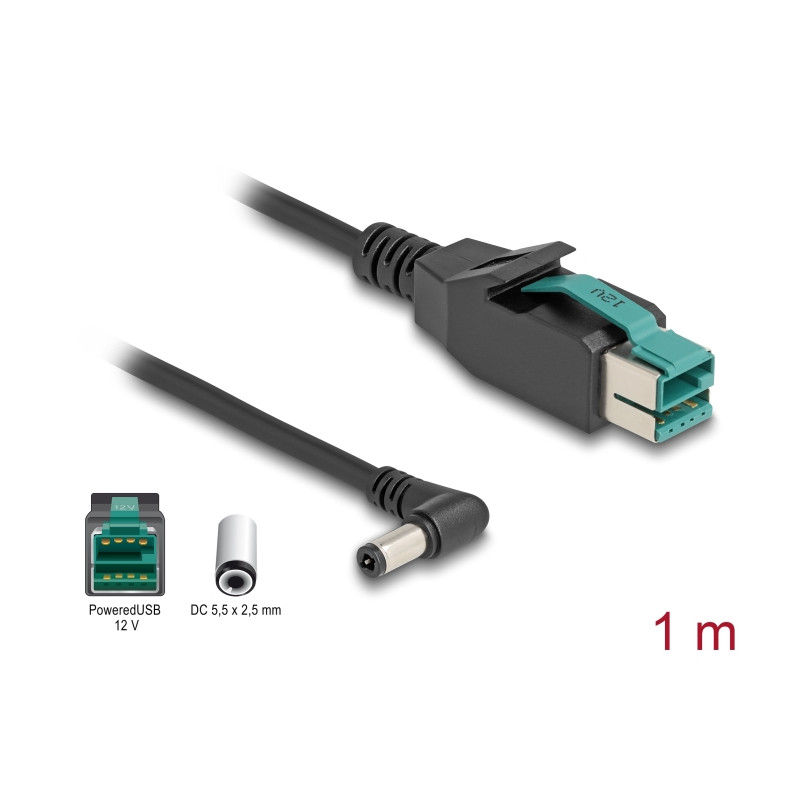 Delock PoweredUSB Kabel Stecker 12 V zu DC 5,5 x 2,5 mm Stecker gewinkelt 1 m