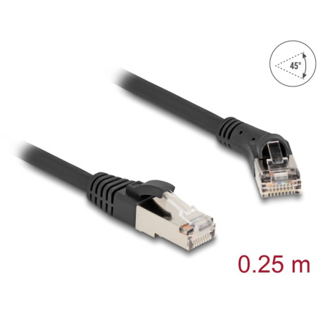 Delock RJ45 Netzwerkkabel Cat.8.1 S/FTP Stecker 45° nach rechts gewinkelt zu Stecker gerade bis 40 Gbps 0,25 m schwarz