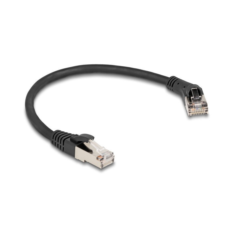 Delock RJ45 Netzwerkkabel Cat.8.1 S/FTP Stecker 45° nach rechts gewinkelt zu Stecker gerade bis 40 Gbps 0,25 m schwarz