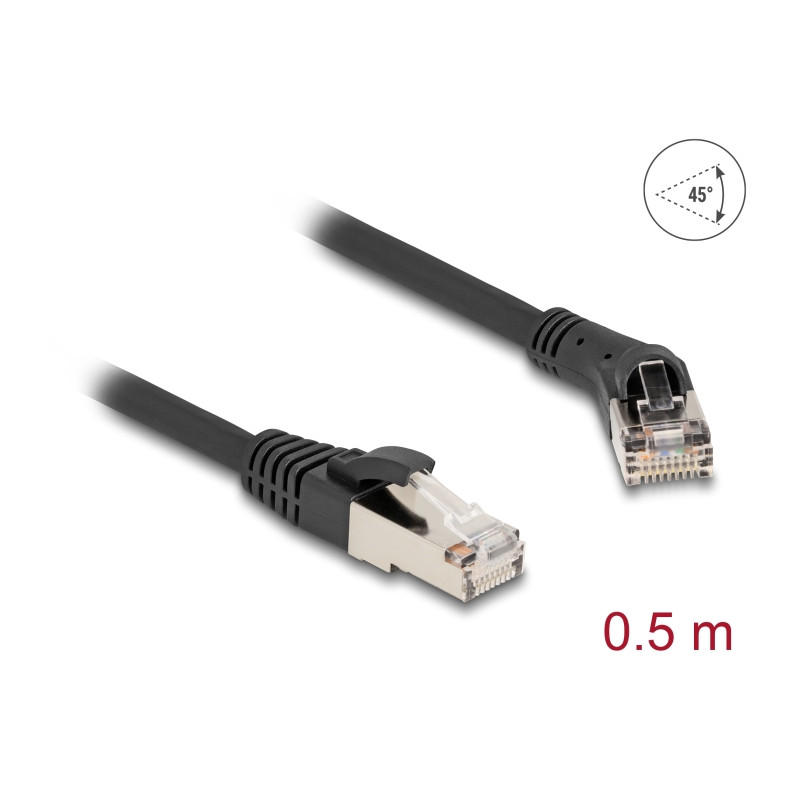 Delock RJ45 Netzwerkkabel Cat.8.1 S/FTP Stecker 45° nach rechts gewinkelt zu Stecker gerade bis 40 Gbps 0,5 m schwarz