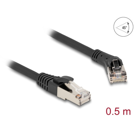 Delock RJ45 Netzwerkkabel Cat.8.1 S/FTP Stecker 45° nach rechts gewinkelt zu Stecker gerade bis 40 Gbps 0,5 m schwarz