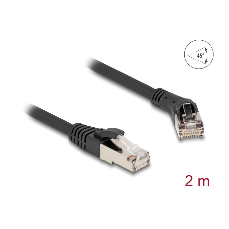 Delock RJ45 Netzwerkkabel Cat.8.1 S/FTP Stecker 45° nach rechts gewinkelt zu Stecker gerade bis 40 Gbps 2 m schwarz