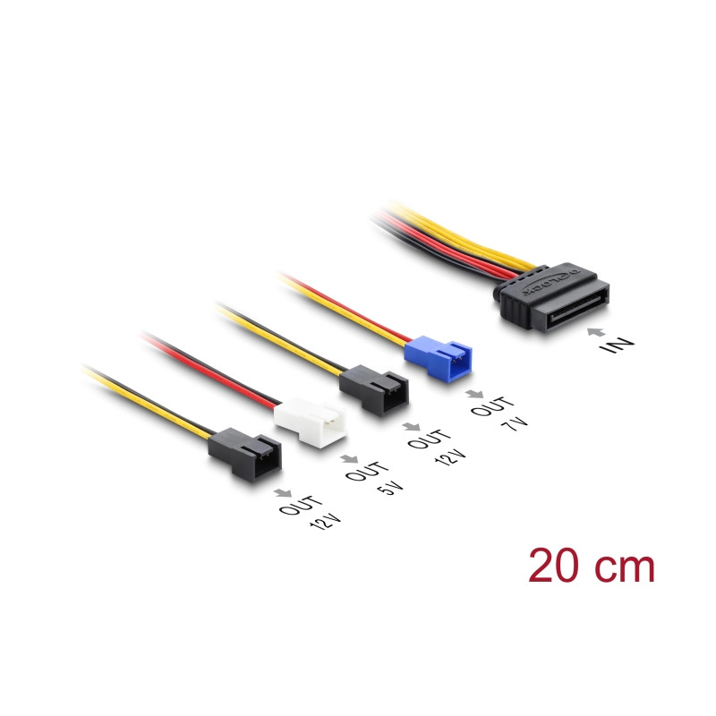 Delock Stromversorgungskabel SATA 15 Pin Stecker zu 4 x 2 Pin Lüfter (12 V / 7 V / 5 V) 20 cm