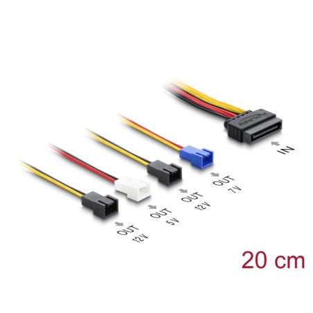 Delock Stromversorgungskabel SATA 15 Pin Stecker zu 4 x 2 Pin Lüfter (12 V / 7 V / 5 V) 20 cm