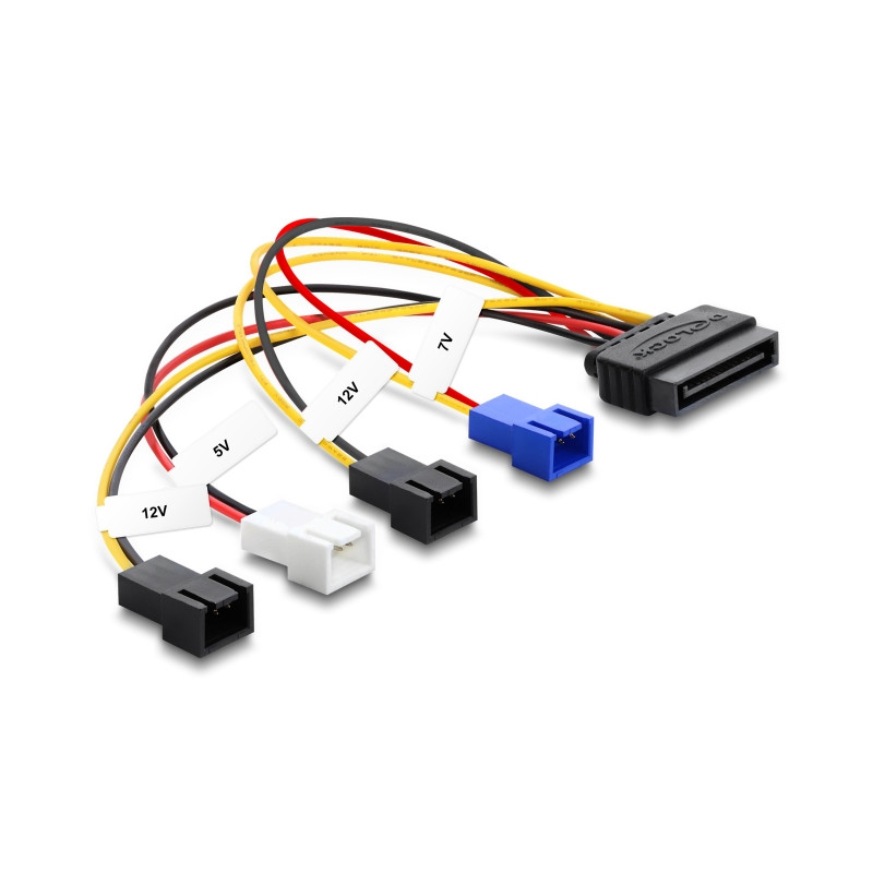 Delock Stromversorgungskabel SATA 15 Pin Stecker zu 4 x 2 Pin Lüfter (12 V / 7 V / 5 V) 20 cm