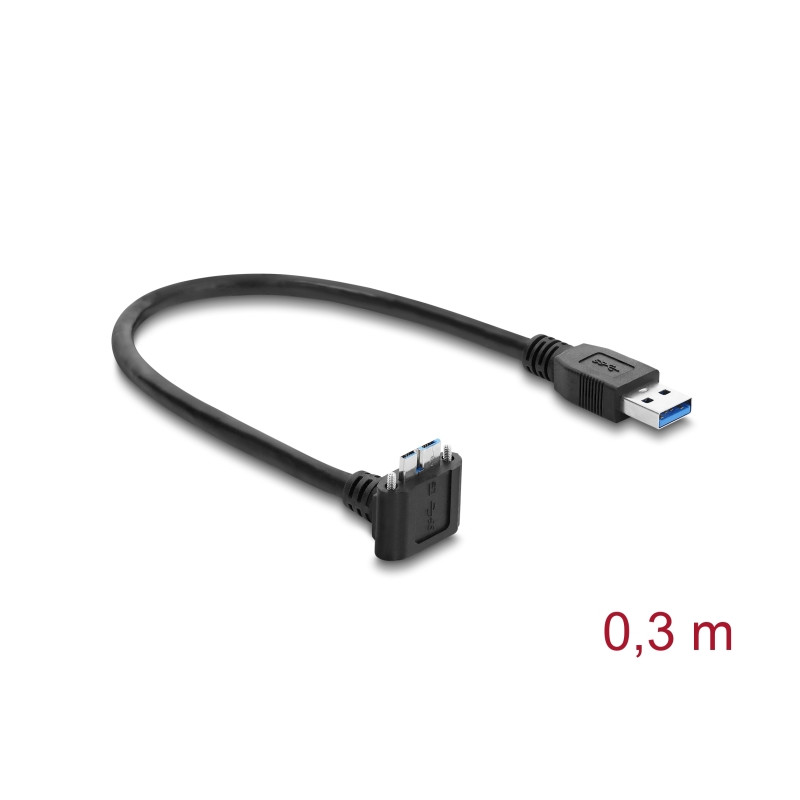 Delock USB 5 Gbps Kabel USB Typ-A Stecker gerade zu USB Micro-B Stecker mit Schraubenabstand 18 mm 90° nach oben gewinkelt 0,3 m