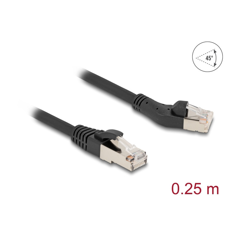 Delock RJ45 Netzwerkkabel Cat.8.1 S/FTP Stecker 45° nach links gewinkelt zu Stecker gerade bis 40 Gbps 0,25 m schwarz