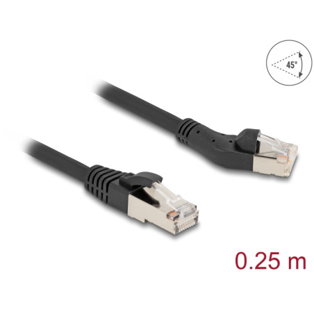 Delock RJ45 Netzwerkkabel Cat.8.1 S/FTP Stecker 45° nach links gewinkelt zu Stecker gerade bis 40 Gbps 0,25 m schwarz