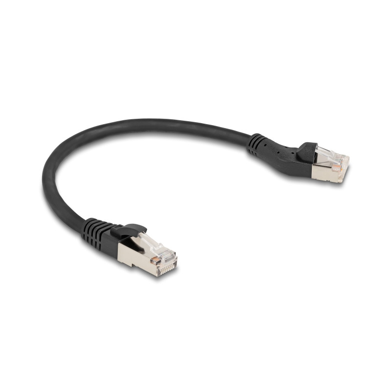 Delock RJ45 Netzwerkkabel Cat.8.1 S/FTP Stecker 45° nach links gewinkelt zu Stecker gerade bis 40 Gbps 0,25 m schwarz