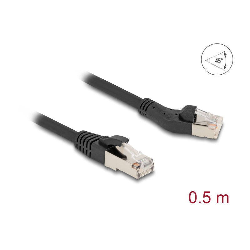 Delock RJ45 Netzwerkkabel Cat.8.1 S/FTP Stecker 45° nach links gewinkelt zu Stecker gerade bis 40 Gbps 0,5 m schwarz