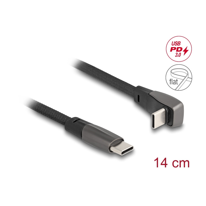 Delock USB 2.0 Flachbandkabel USB Type-C™ Stecker zu USB Type-C™ Stecker gewinkelt PD 3.0 60 W 14 cm schwarz