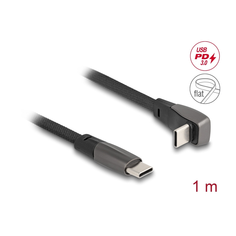 Delock USB 2.0 Flachbandkabel USB Type-C™ Stecker zu USB Type-C™ Stecker gewinkelt PD 3.0 60 W 1 m schwarz