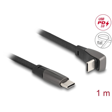 Delock USB 2.0 Flachbandkabel USB Type-C™ Stecker zu USB Type-C™ Stecker gewinkelt PD 3.0 60 W 1 m schwarz
