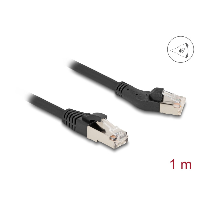 Delock RJ45 Netzwerkkabel Cat.8.1 S/FTP Stecker 45° nach links gewinkelt zu Stecker gerade bis 40 Gbps 1 m schwarz