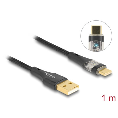 Delock USB 2.0 Kabel Typ-A Stecker zu USB Type-C™ Stecker mit Schnellladefunktion 60 W transparent 1 m