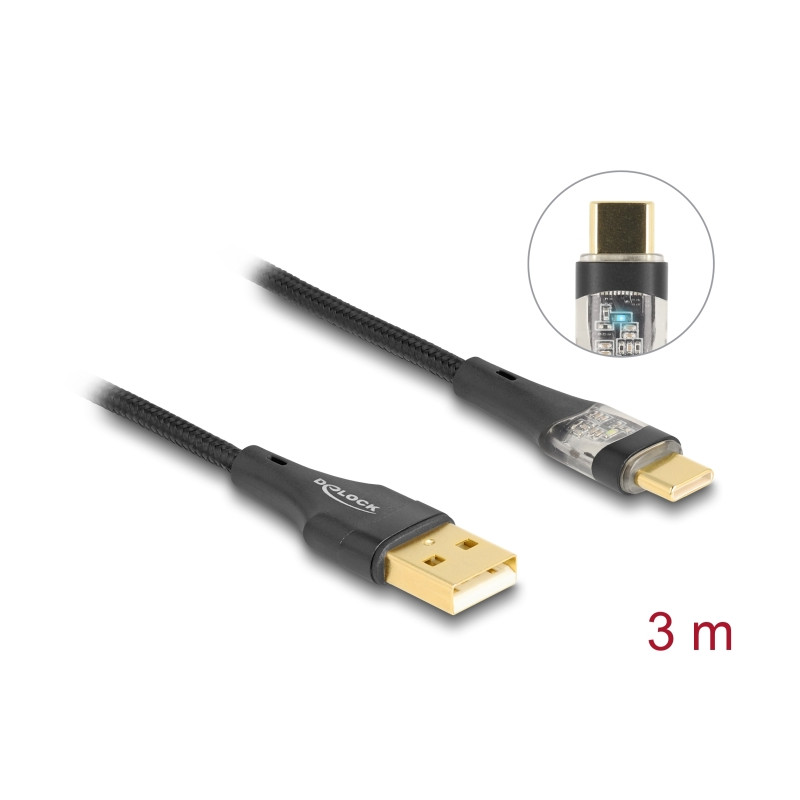 Delock USB 2.0 Kabel Typ-A Stecker zu USB Type-C™ Stecker mit Schnellladefunktion 60 W transparent 3 m